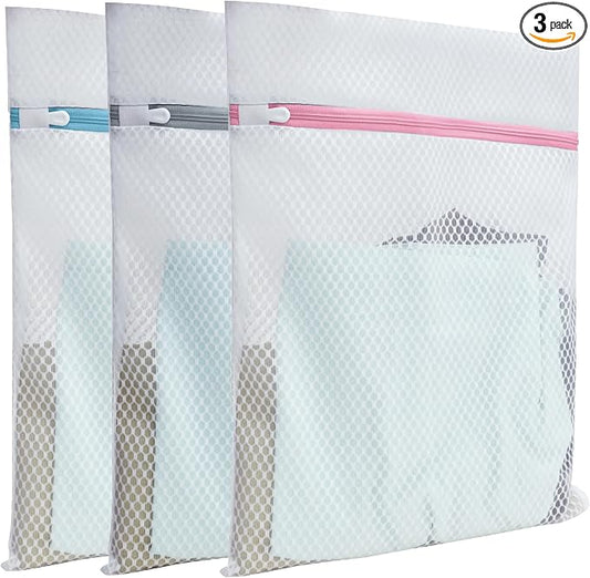 Mesh Laundry Bags for Delicates – 3 Pack (12”×16”) with Color-Coded Zippers, Protects Clothes from Damage, Breathable Honeycomb Mesh, Washer & Dryer Safe bags - Ideal for Bras, Lingerie & Socks