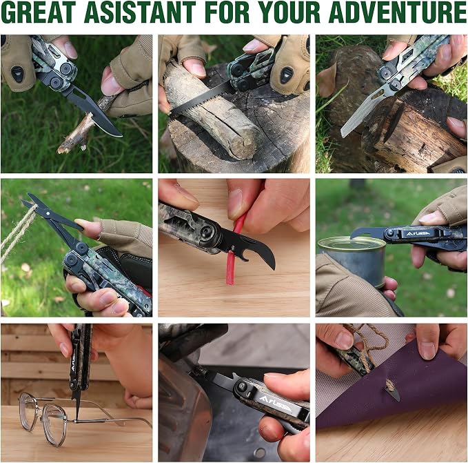 FLISSA 18-in-1 Camo EDC Multitool Pliers Fire Starter with Sheath | Equipped with Fire Starter, Window Breaker, Whistle, Stainless Steel, Perfect for Survival, Simple Repair, Camping