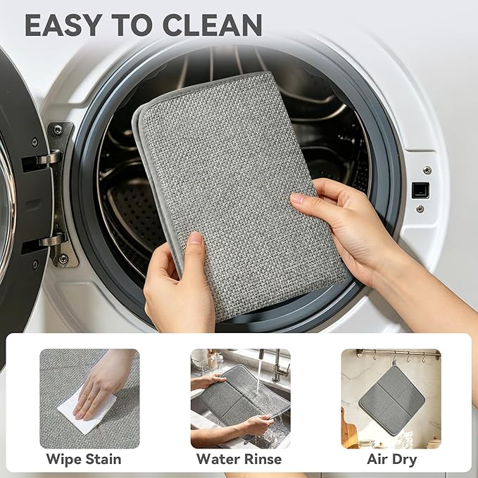 YDKGL Dish Drying Mat for Kitchen Counter, Ultra Absorbent & Fast Drying Dish Mat Machine Washable Foldable Drying Pad for Countertops, Sinks, Draining Racks, Grey