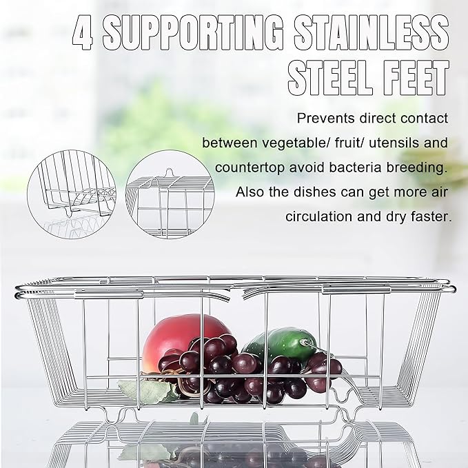 Expandable Dish Drying Rack, Rustproof Stainless Over Sink Dish Drainer Rack Basket Shelf, 304 Stainless Steel Metal Dish Drainer in Sink or On Counter Organizer Dish Dryer Rack for Inside Sink