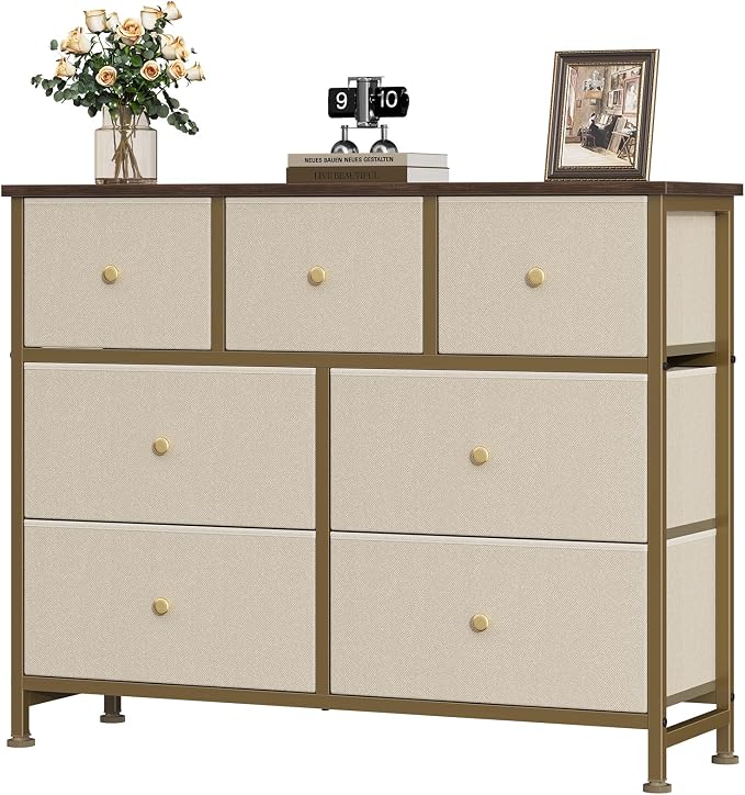 OLIXIS 7 Drawer Closet Organizer, Storage Tower with Sturdy Steel Frame | Dresser for Bedroom, Wooden Top & Easy Pull Fabric Bins, Clothes Organization, Living Room Entryway, Khaki