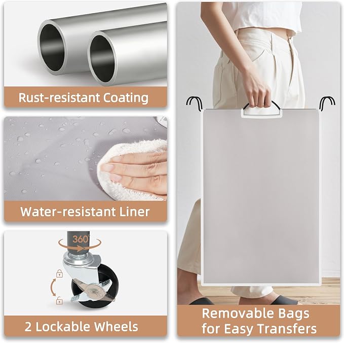 STORAGE MANIAC Laundry Sorter 4 Section, 47.5 Gal (180 L) Laundry Hamper with Wheels, Clothes Divider Basket Sorter, Separator Hamper Cart with Removable Bags, Gray