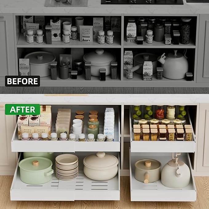 PAKETA 1 Pack Expandable Pull Out Cabinet Organizer,21" Deep | Pull Out Drawers for Cabinets with width from 12" to 20",Sliding Drawers for Cabinets with Upgrade 3 Slide Rails,hold 65 lbs