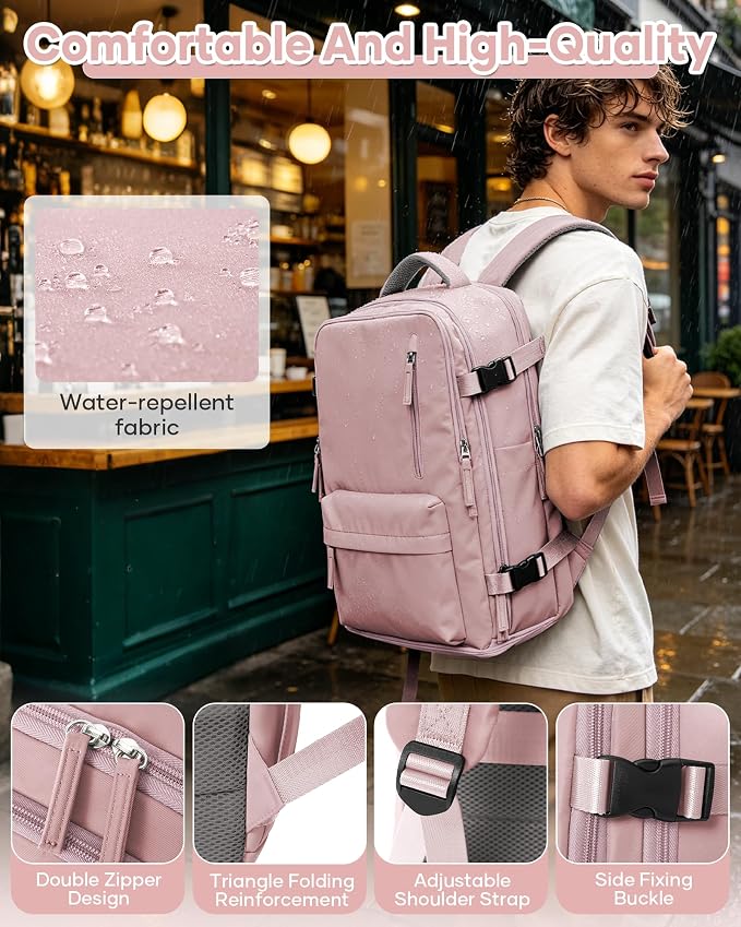 WONHOX Large Travel Backpack Women, Carry On Backpack,Hiking Backpack Waterproof Outdoor Sports Rucksack Casual Daypack with USB Charging Port Shoes Compartment,Pink…