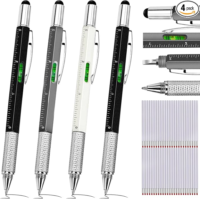 Zhanmai 4 Pcs 6 in 1 Multitool Pen Gift for Men Multi Tool Ballpoint Pen with Ruler Level Screwdriver Stylus Cool 10 Ink Refill Tool Gadget Birthday Christmas Stocking Stuffers (Black, Gray, White)