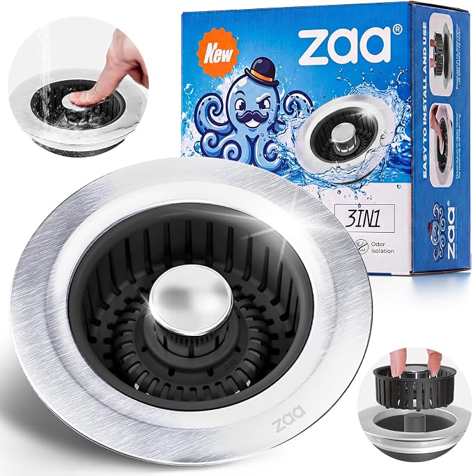 zaa Sink Drain Strainer - 3 in 1 Kitchen Sink Stopper, Stainless Steel Kitchen Drain Plug & Cover with Anti-Clogging Basket Strainer, Fit US Standard 3-1/2'' Sink Drain Hole, Brushed Black