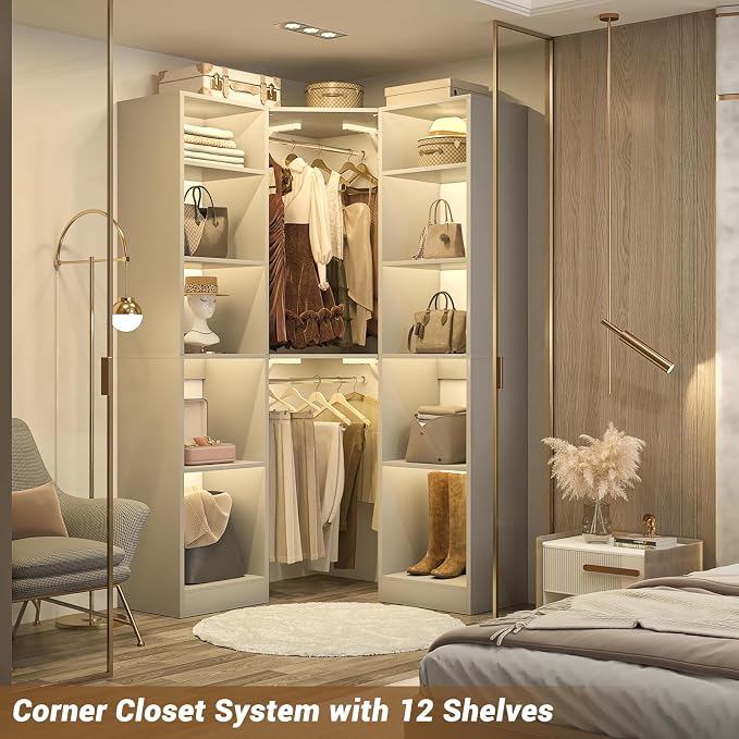 Besiost Corner Closet System with 12 Shelves, 39.2" Corner Closet Organizer System with 2 Hanging Rods, Versatile 6-Tier Walk-in Closets for Corner Space, Grey (39.2" L x 39.2" W x 80" H)