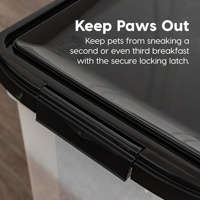 IRIS USA Airtight Dog Food Storage Container, WeatherPro, Up to 50 lbs, Removable Wheels, for Dog Cat Bird and Other Pet Food Storage Bin, Keep Fresh, Translucent Body, Made in USA, Clear/Black