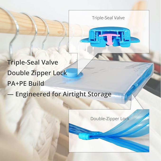 Vacuum Storage Bags Medium 7 Pack Hand Pump, 80% Space Saver Vacuum Sealer | Plastic Vacuum Seal Compression Bag, Space Saving Reusable for Clothing, Travel, Packing, Clothes, Sweaters, Shirts, Jackets
