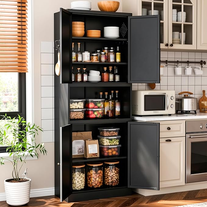 AQY Kitchen Pantry Cabinet,72" Black Pantry Cabinet 3-Tier Adjustable Shelves 4 Doors, Freestanding Cupboard with Microwave Stand, Metal Cabinet with Handle for Living Room Kitchen Assembly Required