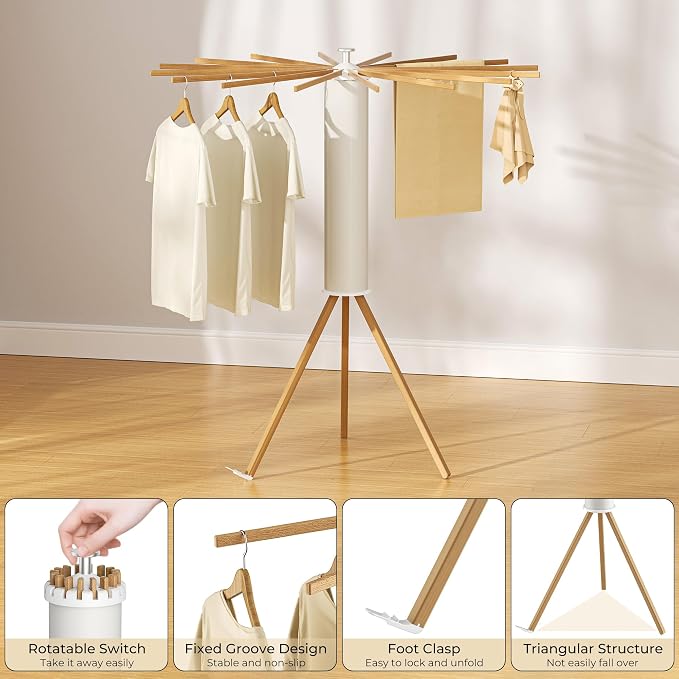 SUNOUTLY Tripod Clothes Drying Rack, Garment Rack Portable and Foldable Space Saving Laundry Drying Rack - Dryer Rack Clothing Floor Folding Balcony Bedroom Household (Beige(Wood), 16 rods)
