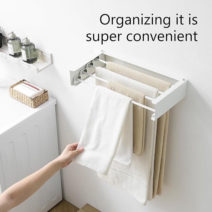 RFOUO Wall Mounted Clothes Drying Rack,White 19.7", | Foldable,Space saver Drying Rack for Laundry Balcony Bathroom, 4 Aluminum Rods, 40 lb Capacity
