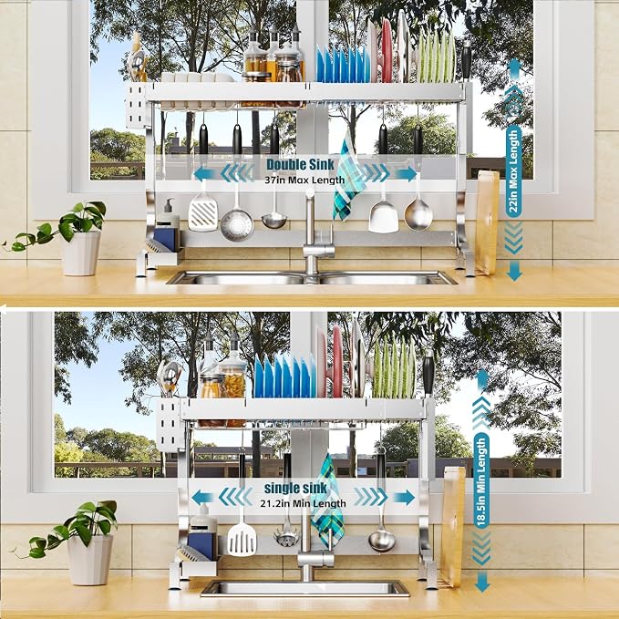 MINGLING Over Sink Dish Drying Rack Kitchen Dish Rack Over Sink Height & Width Adjustable Large Over Sink Dish Drainer Rack Full Stainless Steel (W21.2-37"~ H18.5-22" Silver)