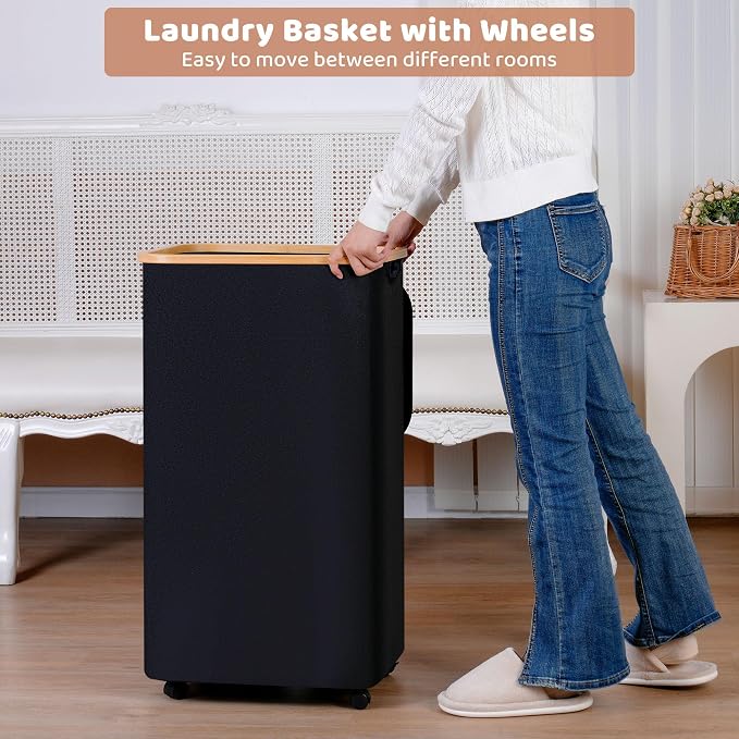 IEGrow Laundry Basket with Wheels 110L Clothes Hamper for Laundry,Black | Laundry Hamper with Lid and Bamboo Frame, for Laundry Room, Bedroom, Dormitory Storage