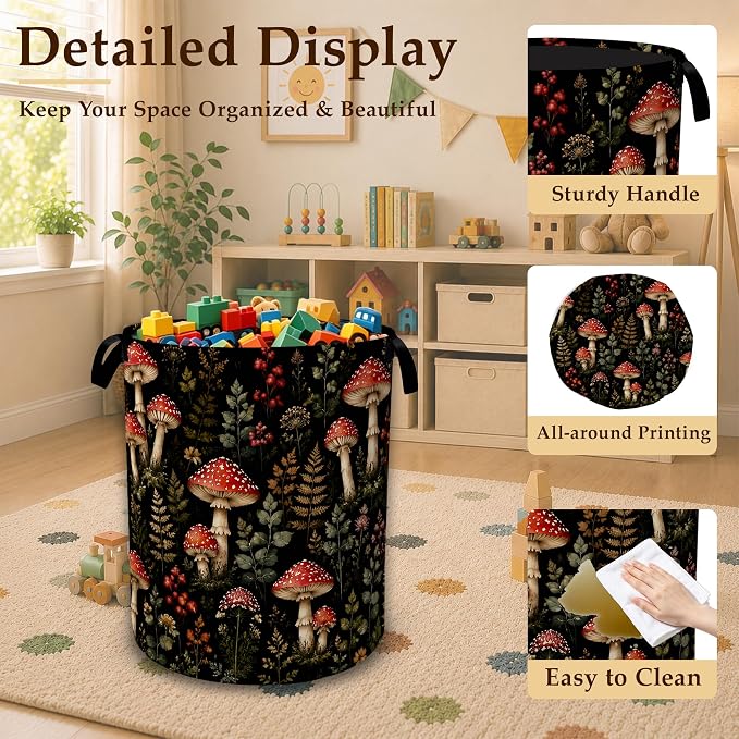 Woodland Mushroom Forest Large Clothes Hamper, Portable Collapsible Laundry Basket with Handles, Freestanding Storage Bin for Bedroom Bathroom Dorm Laundry Room