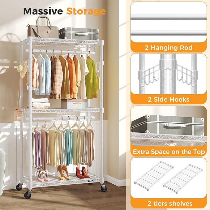 NEWBULIG Heavy Duty Clothing Rack with Wheels, 3-Tier Adjustable Wire Garment Rack, Metal Freestanding Closet Organizer System with Double Hanging Rods & 8 Side Hooks, 35" x 15" x 75", White