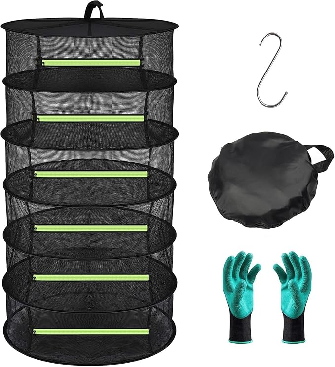 Herb Drying Rack Hanging 6 Layer, 2ft Collapsible Herb Dryer Mesh with Zipper Garden Gloves Hook, Plant Net Dry Rack for Drying Seeds Bud Grass Hydroponic Plants Outdoor Gardening Supplies 24"D x 47"H