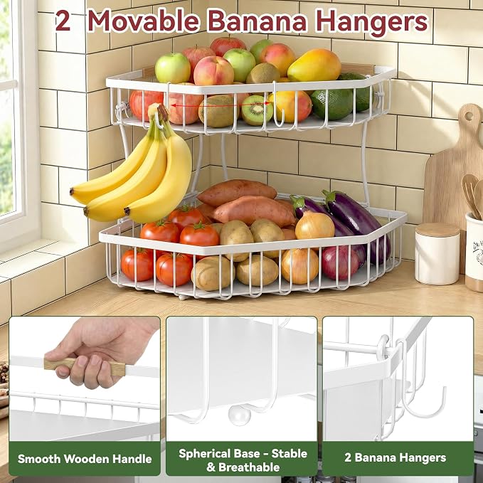 2 Tier Fruit Basket for Kitchen Counter - Detachable Metal Fruit Bowl with 2 Banana Hangers for Corner , Large Capacity Fruit Stand with Wooden Handle for Bread Fruit and Vegetable Storage- White