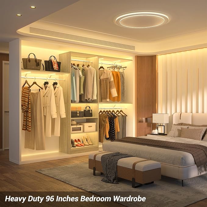 8FT Closet System with 3 Wooden Storage Shelves, 96'' Closet Organizer System with 3 Hanging Rods, Wall Mount Wardrobe Walk-in Closet, Adjustable Garment Rack from 5 to 8FT (Cut to Fit), White Oak
