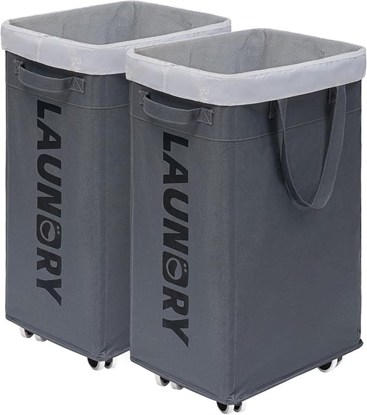 CHICVITA 75L Rolling Laundry Basket with Wheels 2-Pack, Wash Bags, Grey | Foldable slim-design laundry baskets for corner dorms. Large capacity with removable wash bags