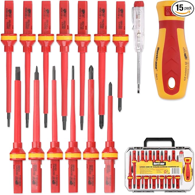 HURRICANE 1000V Insulated Screwdriver Set, 15 Piecse Professional Insulated Electrician Screwdriver Set, CR-V Magnetic Tips, Square(Robertson) Phillips Slotted Pozi Torx Insulated Electrician Tool Kit
