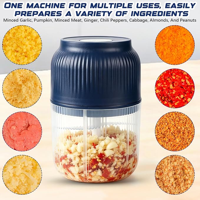 Electric Garlic Chopper, Mini Portable Veggie Chopper Garlic Grinder Masher Onion Chopper, Rechargeable Cordless Food Processor & Food Chopper for Garlic Onion Ginger Chili Vegetables, 400ml (Blue)