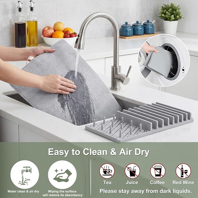 2-in-1 in Sink Dish Drying Rack with Dish Drying Mat,Collapsible Dish Drying Rack with Mat,Space-Saving Dish Rack for Kitchen Counter,Quick Dry Dish Drainers for Kitchen Sink (Grey White)