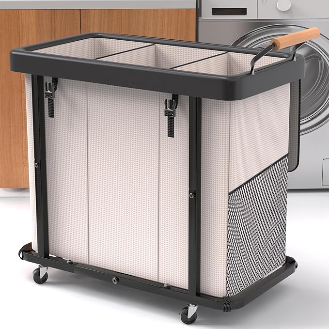 Laundry Hamper 3 Section with Lid,230L Rolling Dirty Clothes Hamper White | Laundry Basket with Wheels,Laundry Organizer Storage Cart with Sturdy Metal Frame and Wooden Handle for Laundry Room, Hotel