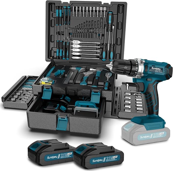 Sundpey 255-PC Portable Home and Auto Tool Kit Set with 21V Cordless Drill | with Drawer Storage Case, 2x2.0Ah Batteries,Mechanic Set, for Handyman & Men Women, for Household House Garage Apartment Dorm