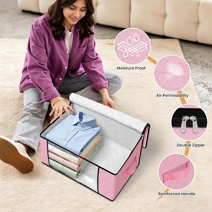Fab totes 35L Closet Organizers and Storage, Foldable Under Bed Storage Containers, Storage bags for Organizing Bedroom, Closet, Clothing,Organization with Handle (3 Pack,Pink)