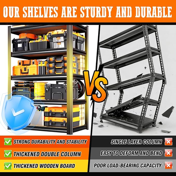 5 Pack Garage Shelving Heavy Duty Storage Shelves, Metal Adjustable Shelving Unit, Utility Garage Organizer Shelf for Basement, Pantry, Kitchen, Warehouse, 71.2" Hx31.5 Wx13.8 D, Black
