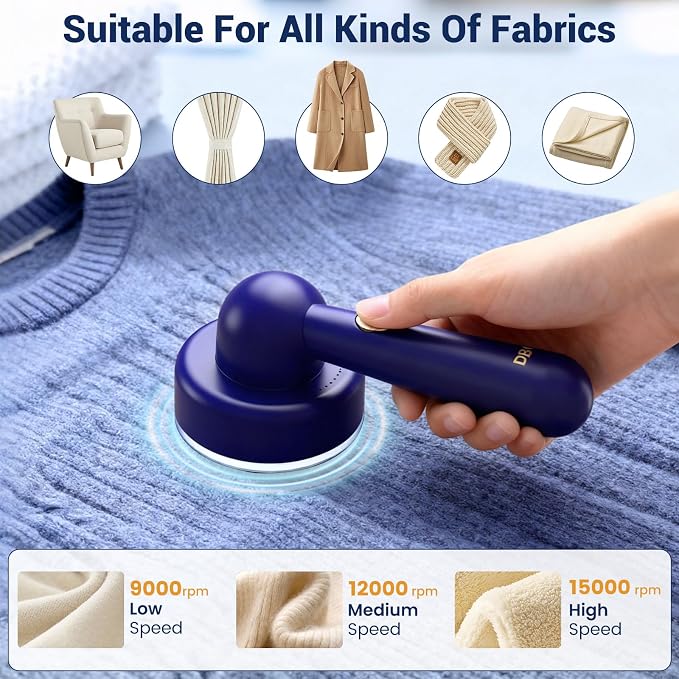 DBC Fabric Shaver & Lint Remover for Clothes, Sweaters & Furniture | 6-Leaf Blade, 3 Speeds, 2H Runtime, Portable Design Perfect for Travel, Includes 2 Extra Blades