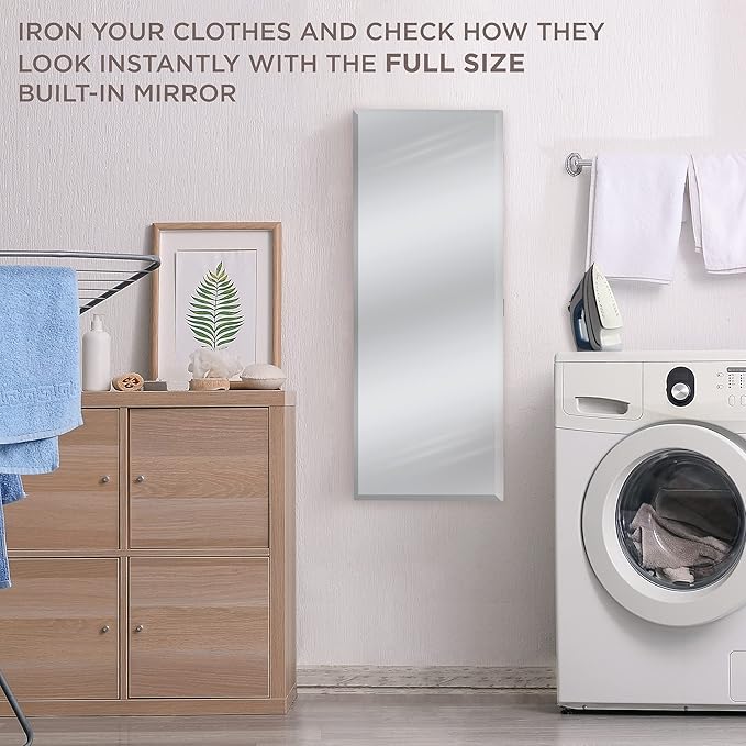 Ivation Wall-Mounted Ironing Board Cabinet, Foldable Ironing Storage Station for Home, Apartment, Easy-Release Lever, Garment Hooks, with Full Mirror Door, White
