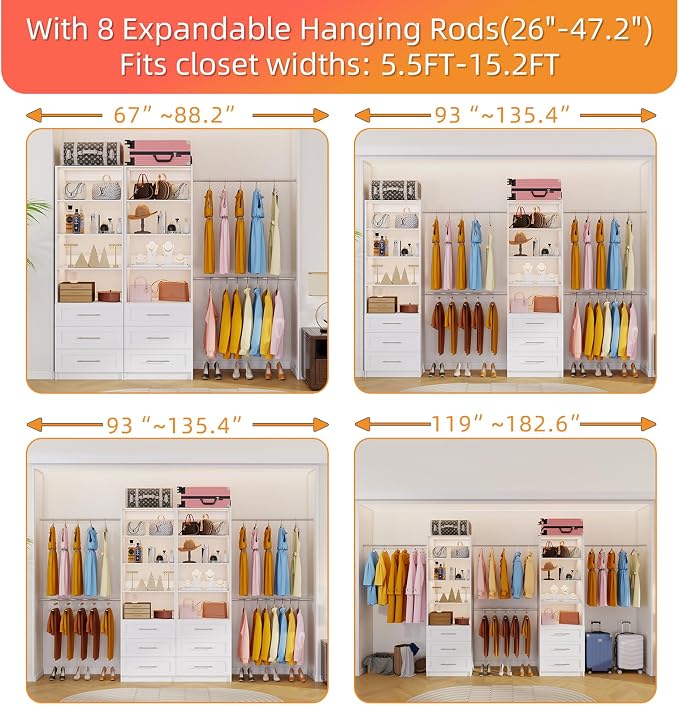 Closet System with 6 Drawers, 5FT-15FT Custom Closet Organizer System Modular Walk in Closet Storage Wooden System with 8 Expandable Hanging Rods Adjustable Shelves 2 Sets White