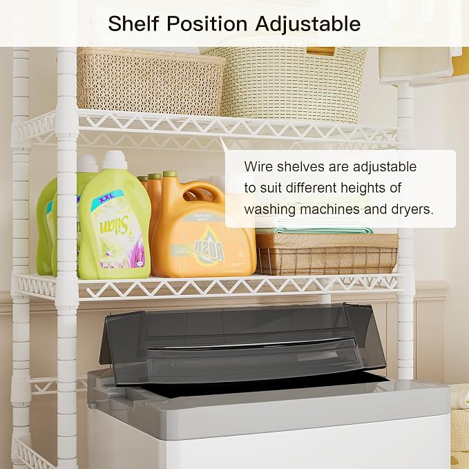 U11 Mini Over Washer and Dryer Shelves, 3 Tiers Laundry Room Storage and Organizer Standing Shelf, Metal Freestanding Clothes Drying Rack, 28.3”W x 19.7”D x 77.6”H, White