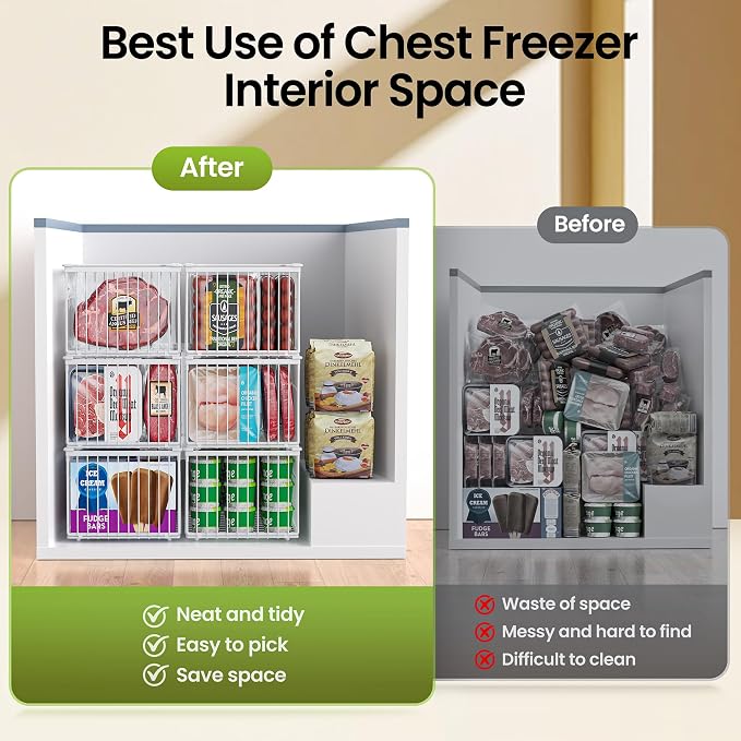 MSERCUOR Freezer Organizer Bins, 6 Pack Big Stackable Deep Chest Freezer Organizer Bins, Foldable Baskets with Handles, White Storage Container Baskets for 5 to 9 Cu.FT Deep Freezer Sort Frozen Meats