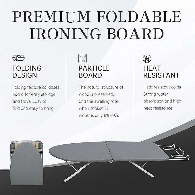 ZOES HOMEWARE Tabletop Ironing Board,Portable Iron Board with Iron Rest, Foldable Small Ironing Board with Heat Resistant Cover and 100% Cotton Pad, 31.5"x11.8"x7", Grey