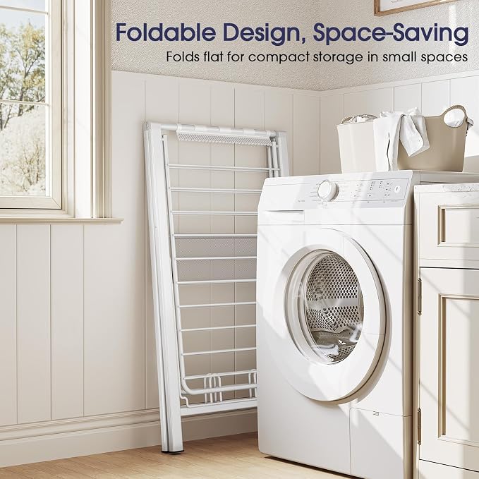 APEXCHASER Clothes Drying Rack, 67.7" L Height Adjustable, Foldable, White | 1.5"Folded, No Assembly, Space-Saving, Spacious Design, Adjustable Wings, Clips, Mesh Shelf, Shoe Rack, Indoor & Outdoor Use