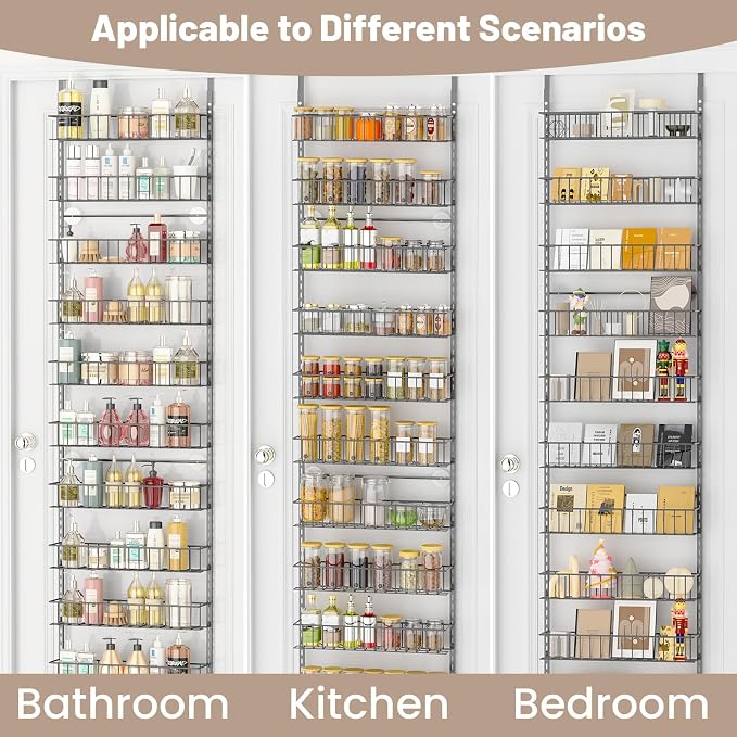 ElegantArray 10-Tier Pantry Door Organizer, Light Gray | Over The Door Pantry Organizer Rack and Storage, Hanging Spice Rack Shelves Door, Home Office Laundry Room Bathroom & Kitchen