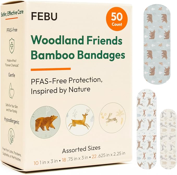 FEBU Woodland Friends Print Bamboo Fabric Bandages, 50 Count Strip | PFAS Free, Natural Hypoallergenic, Compostable, Latex Free; For Scraps, Cuts and First Aid