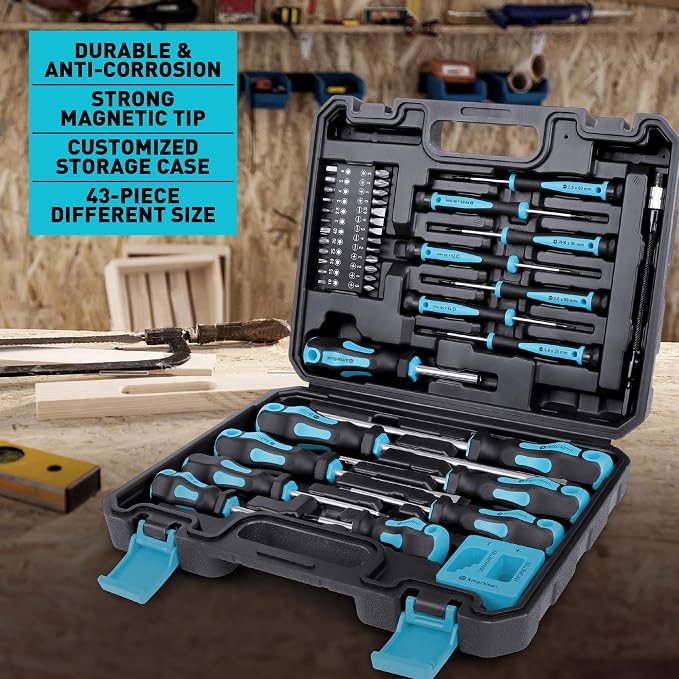 Magnetic Screwdrivers Set with Case, Amartisan 43-piece Includs Slotted, Phillips, Hex, Pozidriv,Torx and Precision Screwdriver Set, Magnetizer Demagnetizer Tools, Tools for Men (Blue))