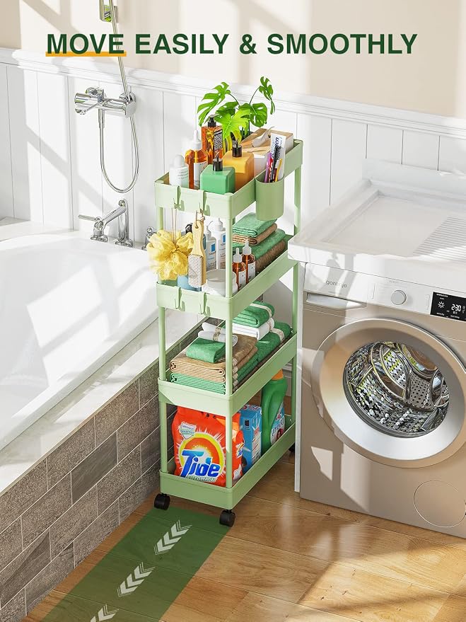 LEHOM Slim Rolling Storage Cart - 4 Tiers Bathroom Organizer Utility Cart | Slide Out Storage Shelves Mobile Shelving Unit for Kitchen, Bedroom, Office, Laundry Room, Small Narrow Spaces (7.1" W+Green)