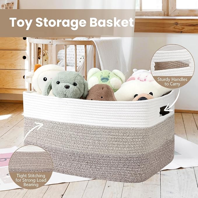 Optish 95L Blanket Basket, Large Woven Baskets for Storage, Blanket Storage for Living Room, Rope Basket with Handles for Bedroom, Nursery, Toys, Clothes, 24” x 17” x 13.5”, White & Brown