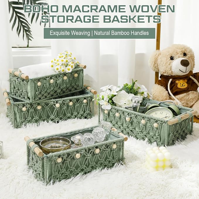 Vesici 4 Pcs Sage Green Macrame Storage Basket for Shelves 13" 11" Boho Storage Basket Hand Woven Boxes with Wood Handles Beads Decorative Countertop Toilet Cabinet Organizer for Home Decor