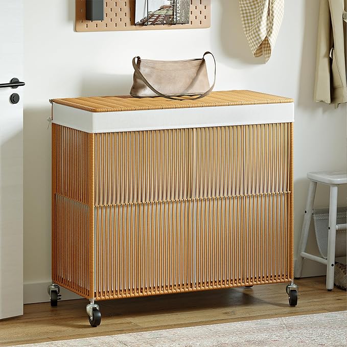 WOWLIVE Laundry Basket 3 Section, Handwoven Laundry Hamper with Wheels | Rolling Clothes Hamper with Lid and Divided Removable Bag, 160L Large Laundry Sorter, Laundry Room Organization, Natural