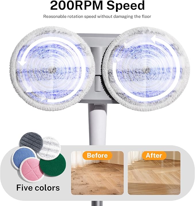 Cordless Electric Spin Mop with 220 RPM High Speed Motor for Hardwood Tile Laminate and Vinyl Floors with 4 White and 2 Gray Pads