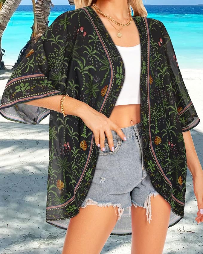 Women Kimono Cardigans Summer Cover Up Hawaiian Shirts Floral Print Tops | ROSEMIA chiffon kimono open front cardigans, beach cover ups, daily casual tops, cruise outfits, summer resort wear