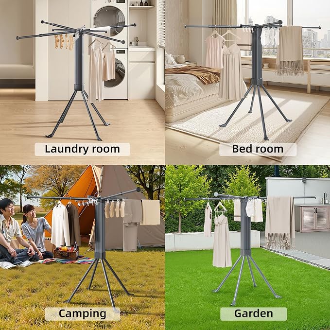 BIREN Clothes Drying Rack Foldable Extending Laundry Rack with 16 Clips Collapsible Clothing Rack Space-Saving Clothing Racks for Hanging Clothes, Indoor, Camping, Balcony, Outdoor
