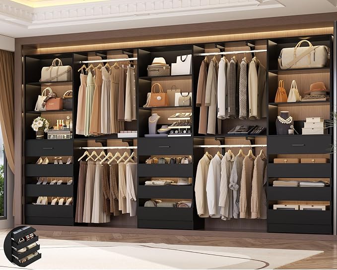 Aheaplus Closet System with 12 Drawers, 138.5" Wood Closet Organizer System with 4 Hanging Rods & Top Shelves, 6.7+4.85Ft L Shaped Corner Walk-in Closets Wardrobe Organizer Rack, Set of 3, Black