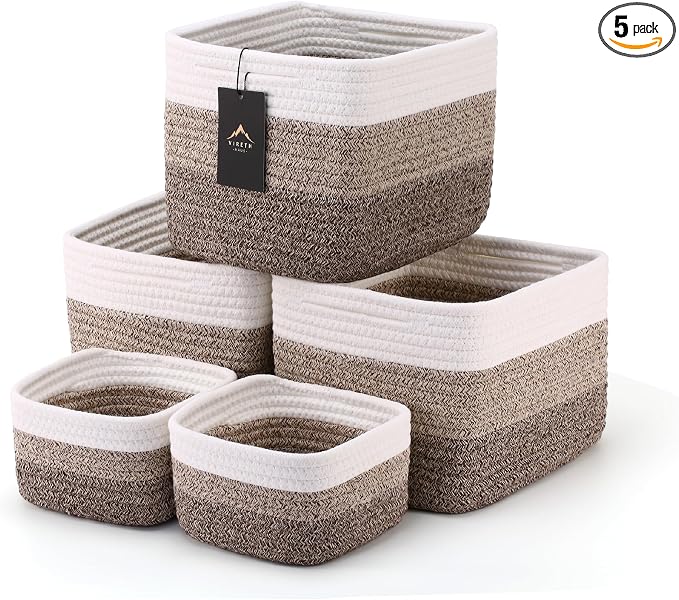 5-Pack Storage Cubes Woven Rope Baskets - 2 Sizes Organizer Bins for Closet, Shelf, Bookshelf, Nursery, Changing Table, Cube Storage Bins, Storage Baskets for Bathroom Toy & Home